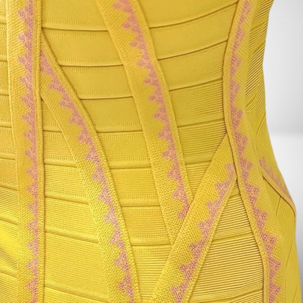 Herve Leger Stunning Bandage Dress in Citrus Yellow and Pink Accent. Size: L - Picture 10 of 11